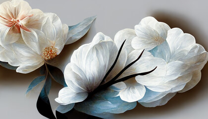 White flowers with leaves is depicted on the canvas. The bud is white. The background of the picture. 3d rendering