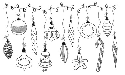 Collection black line of christmas balls, bells, icicles, ornaments and decorations on a white background