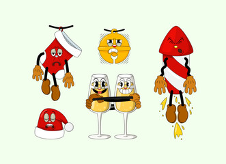 Set of retro cartoon stickers with funny comic characters. Cute comic gloved hands characters in Contemporary style. Doodle Comic characters for holiday of the new year and christmas.