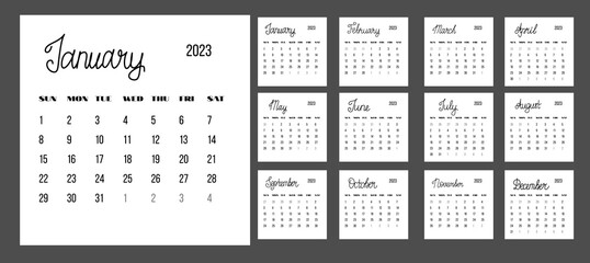 Classic monthly calendar template for 2023. Square shape. The week starts on Sunday.