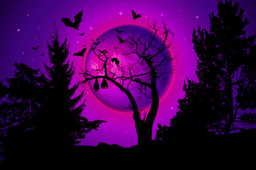 Halloween background. Mystic full moon, crow on crooked branches of creepy tree. Tree silhouette in middle of the forest