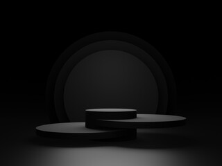 3D Black geometric podium. Dark background.