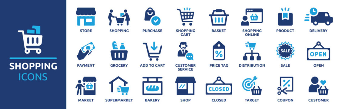 Shopping icon set. Online shopping, store, delivery, promotion and shopping cart symbol. Solid icons vector collection.