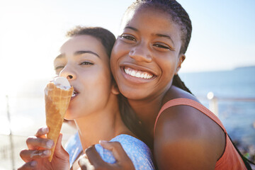 Summer, friends and ice cream with women at beach for Miami holiday together for travel, happy and...