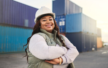 Black woman, smile and work in logistics with container stack at shipyard. Woman, happy and...