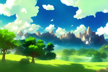 Plakat Landscape scene with beautiful greenery, mountains, meadows, trees, with blue skies and mountains and hills digital painting illustration