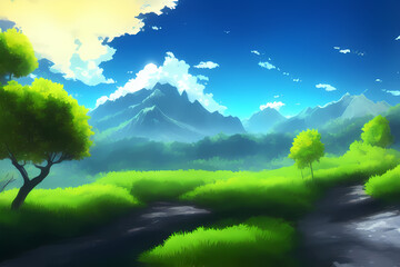 Plakat Landscape scene with beautiful greenery, mountains, meadows, trees, with blue skies and mountains and hills digital painting illustration