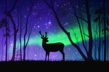 Lonely deer in misty forest. Animal silhouette. Green polar lights