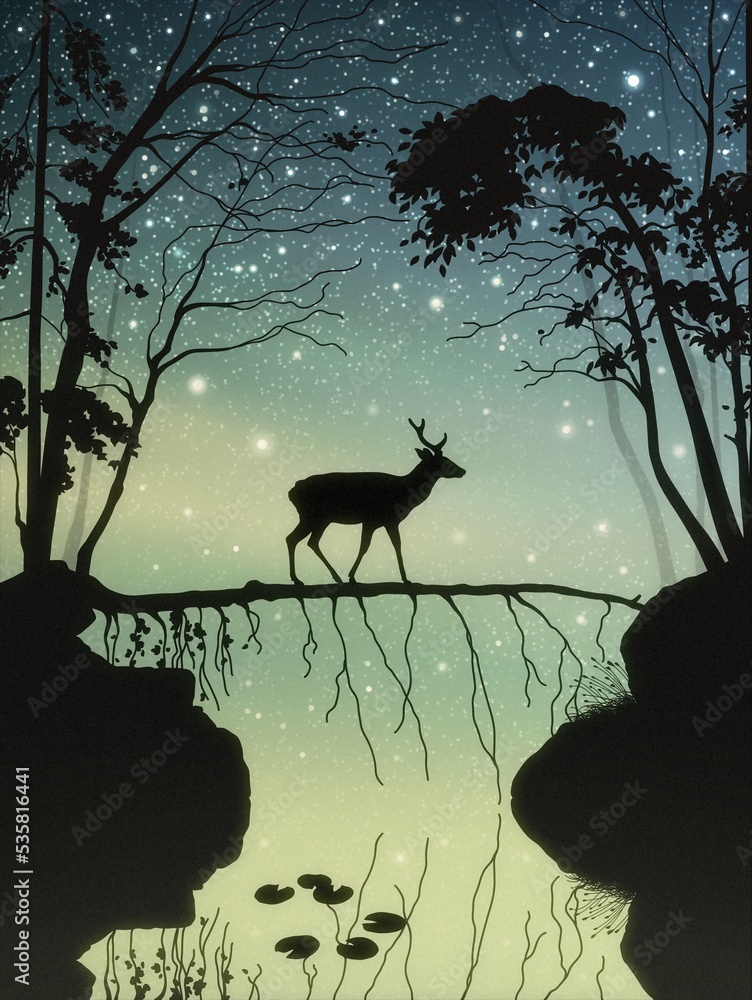 Sticker lonely deer in misty forest. animal walk on fallen tree. starry night.