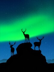 Deer family on rocks. Wild animal silhouettes. Green aurora borealis