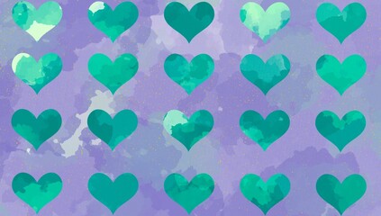 green   hearts on a violet watercolor background with yellow dots