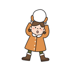 大きな雪玉を持ち上げる女の子のイラスト