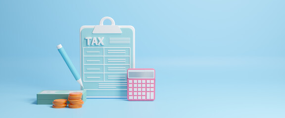 Concept tax payment. Finance and Investment, tax calculation and budget, payment of debt. Government, state taxes. Income tax calculation and financial VAT money refund concept. 3d render illustration