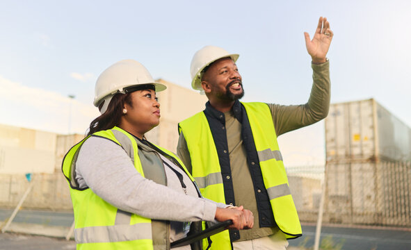 Logistics, tablet and black team at cargo, container or industrial shipping site for product shipment distribution. Supply chain, freight delivery or happy man and woman consulting on export progress