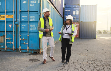Logistics supply chain, black people work in ecommerce and shipping cargo industry. African man...