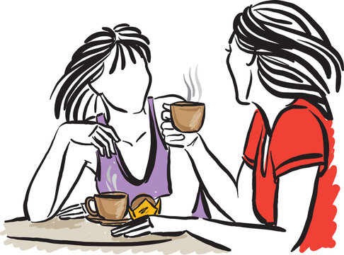 two women friend drinking cup of coffee conversation friendship concept vector illustration