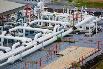 Steel long pipes and pipe elbow in station oil factory during refinery Petrochemistry industry