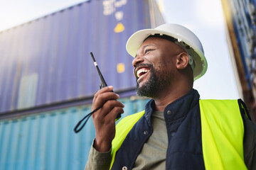 Logistics, supply chain and radio with a man delivery worker talking on a walkie talkie while...