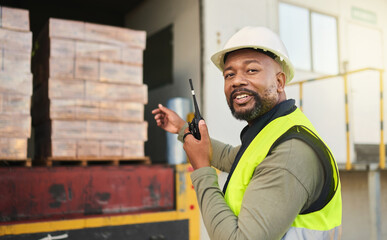 Black man, walkie talkie and logistics shipping, storage or supply chain worker. Portrait, cargo...