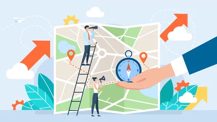 Fotobehang Folded City map. GPS navigator. Tiny Characters Orienteering at Huge Paper Map. Businessman with Compass Searching Correct Way. Geolocation Pin. Gps Navigation. Flat style. Illustration © Yurii