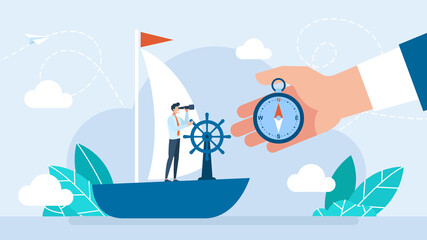 Businessman in a business suit looks in a telescope standing on a ship. Moving to success in business. An experienced mentor shows the direction on the compass. Curatorship. Vector flat illustration - obrazy, fototapety, plakaty