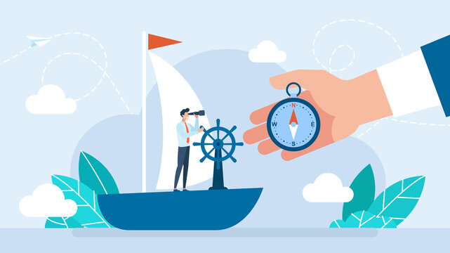 Businessman in a business suit looks in a telescope standing on a ship. Moving to success in business. An experienced mentor shows the direction on the compass. Curatorship. Vector flat illustration
