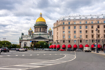 St. Petersburg, Russia - September 2022: View of the Astoria Hotel and St. Isaac's Cathedral