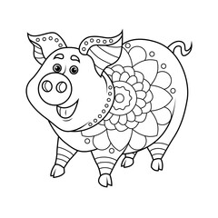 Coloring book for children. Cute pig in zentangle style. The task for children can be used in a book, magazine. Vector illustration