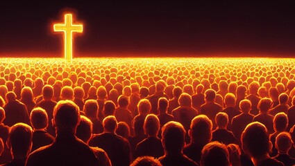 3D rendering of a crowd of people and glowing cross