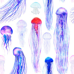 Pattern seamless jellyfishes PNG. Space colorful repeat texture wallpaper illustration Night galaxy  watercolor jelly fishes in bright style vivid blue purple violet isolated on transparent background