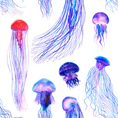 Pattern seamless jellyfishes PNG. Space colorful repeat texture wallpaper illustration Night galaxy  watercolor jelly fishes in bright style vivid blue purple violet isolated on transparent background © JuAngelArts