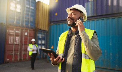 Logistics, shipping and construction worker on the phone with tablet in shipyard. Transportation...