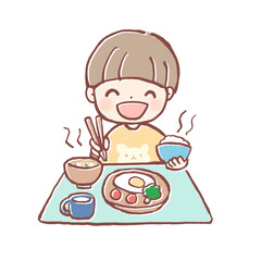 美味しそうにご飯を食べる子どものイラスト