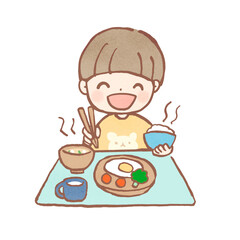 美味しそうにご飯を食べる子どものイラスト