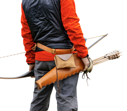 Close-up of an archer with leather quiver with arrows and bow (Longbow) made of wood, isolated on transparent or white background. Archery sport concept. Photography, png.
