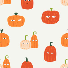 Seamless pattern with cute pumpkins with funny faces. Halloween vector background
