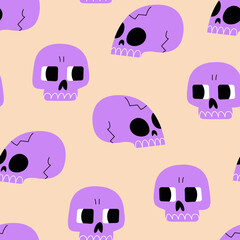 Seamless pattern with purple skulls. Cute halloween vector background. Skeletons with funny faces