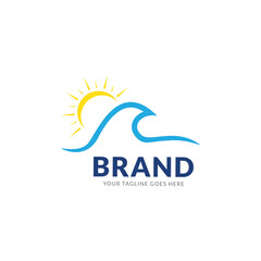 Vector logo with a yellow sun and blue sea waves. Vector logo