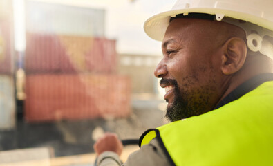 Black man, smile and work in logistics with container stack at port. Man, happy and helmet show...