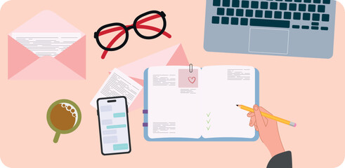 Notebook. Multitasking. Effective planning for the month. To-do list. Female hands write a plan in a notebook in a cozy home. Colorful vector flat cartoon illustration top view. Work schedule.
