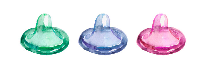 Three watercolor colored condoms pack isolated on a white background - check for more