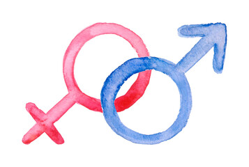 Grunge hand drawn watercolor illustration set of gender symbols isolated on white background.