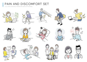 ベクターイラスト素材：痛みや体調不良の人物セット
