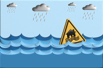 3D Realistic Flood disaster yellow sign - houses and waves on yellow sign isolated on flood level background.