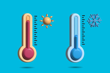 3D Realistic Thermometer icon, glass bulb with mercury, measuring instrument for air temperature and body temperature isolated vector symbol on a blue background.
