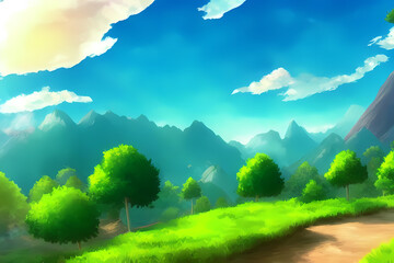 Naklejka na ściany i meble Landscape scene illustration digital painting with greenery, mountains, hills, meadows, blue skies