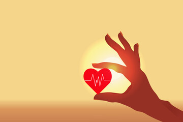 Hand of woman hold a heart with a cardiogram symbol on the sunrise background with copy space. Concept of life insurance. Health and medical insurance of people.