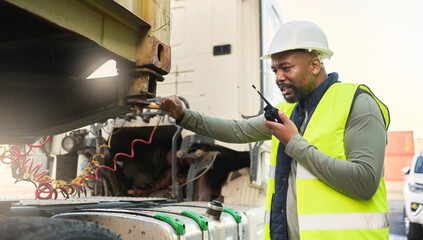 Fototapeta na wymiar Man, smile and work in logistics with radio in hand for communication while load container on truck at port. Black man, talking and helmet working in shipping, cargo and transportation in Cape Town