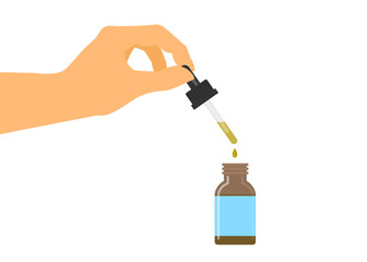 hand holding dropper pipette serum oil glass bottle vector illustration