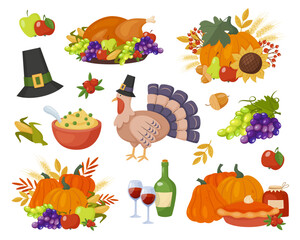 Set of colorful elements for Thanksgiving day design. Traditional Thanksgiving dinner. Cartoon style vector illustration